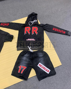 Fabricante personalizado 450gsm peso pesado desgastado bordado francés Terry 100% polar con capucha y pantalones de chándal con diseño de cremallera - Product Image 1