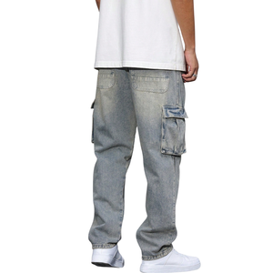 Mens <b>Light</b> Blue Denim Cargo Pants Loose Fit Mid Waist 100% Cotton Breathable Multi Pocket Casual Washed Utility Jeans - Product Image 2