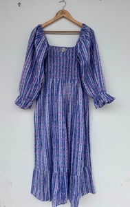 Smocked Cotton Maxi <b>Dress</b> Floral Stripe Print <b>Ruffle</b> Sleeve Long <b>Dress</b> V Neck Boho Summer Wear Ladies Garden Party Outfit - Product Image 3