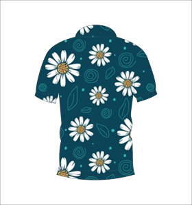 เสื้อโปโลลายดอกเดซี่สีเขียวอมฟ้า ลายดอกไม้สีขาว ลายดอกสีเหลืองตรงกลาง แขนสั้น ลำลองสำหรับฤดูร้อน มุมมองด้านหน้าและด้านหลัง - Product Image 6