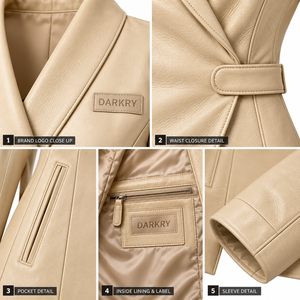 Blazer en cuir véritable beige pour femme, coupe asymétrique, col châle à rabat latéral, vêtement d'extérieur sur mesure, offre directe usine - Product Image 6