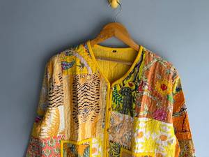 Yellow <b>Patchwork</b> Cotton Jacket V-Neck Button Front Bohemian Style Casual Outerwear for Women Full Sleeve Reversible Design gift - Product Image 2