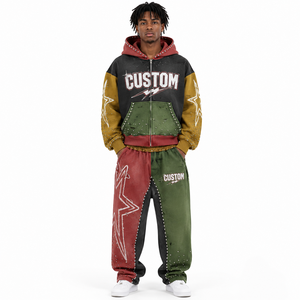 Sudadera con capucha para hombre personalizada con cremallera completa, mangas en contraste y detalles de remaches, estilo moderno y desgastado, con estampado, proveedor OEM con MOQ bajo - Product Image 3