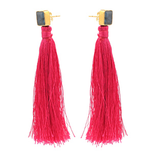 ต่างหูพู่ห้อยสีชมพูขนาดใหญ่ประดับด้วยหินลาบราโดไรต์ธรรมชาติ ชุบทอง รูปทรงดอกไม้แบบยาว เหมาะสำหรับทุกเพศ - Product Image 2