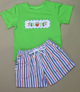 Ensemble Halloween pour filles, broderie smockée à la main, haut rayé + short à volants violet, tenue d'Halloween en coton pour tout-petits - Product Image 5