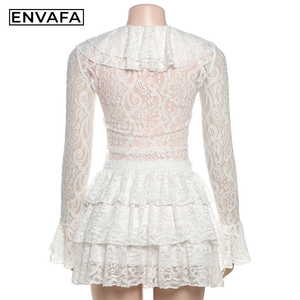 Ensemble deux pièces décontracté d'été blanc uni chic et sexy avec haut court à manches longues à volants et jupe en polyester ajouré en dentelle - Product Image 2