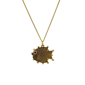Smoky Quartz Gemstone Fish Pendant <b>Necklace</b> Handmade Carved <b>Statement</b> Jewelry Gold Plated Chain <b>Necklace</b> With Red Stone Accent - Product Image 2