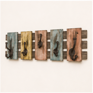 Porte-manteau mural vintage en bois massif coloré avec 6 crochets métalliques durables, style industriel rustique, décoratif pour entrée et clés - Product Image 5