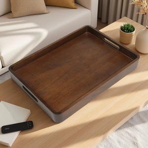 REHMAN CRAFT Handcrafted <b>Dark</b> <b>Wood</b> Serving Tray-Premium Modern Design Rectangular Coffee Table Platter Cutout Handles Food Grade - Product Image 1