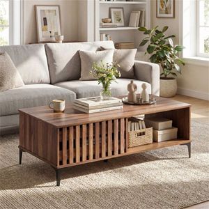 47-Inch Mid Century Walnut Wooden Look Coffee Table with <b>Storage</b> Cabinets & <b>Open</b> Compartment Heavy Duty Accent Table - Product Image 6