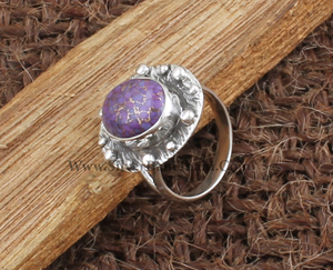 Anillo Solitario Clásico Boho Hecho a Mano de Plata de Ley 925 con Turquesa Cobre Púrpura en Engaste de Bisel, Certificado para Bodas y Fiestas - Product Image 4