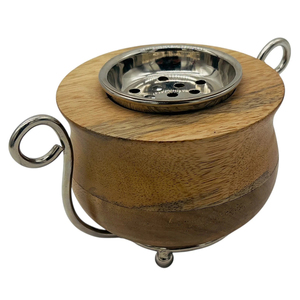 Elegant Wooden Bowl Incense Burner Featuring Curved <b>Silver</b> <b>Wire</b> Side Handles With A Matching Footed Base Metal Dish Insert - Product Image 4