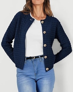 Women Knitted <b>Cardigan</b> Long Sleeve Crew Neck Button Closure Solid Color Casual Wear Soft Acrylic Autumn Outerwear - Product Image 1