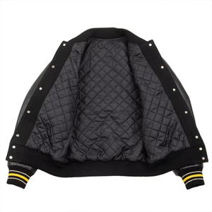 <b>Mens</b> Black Varsity Style <b>Jacket</b> Leather Style Sleeves Quilted Lining Yellow Striped Ribbed Trim Urban Streetwear Fashion - Product Image 3