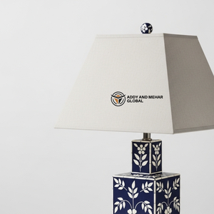 Handcrafted Blue Bone Inlay <b>Table</b> <b>Lantern</b> with Floral Pattern Luxury Tiered Square Decorative Bedside <b>Lamp</b> with Fabric Shade - Product Image 2