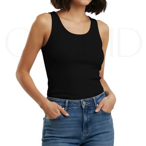 <b>Women's</b> Solid <b>Black</b> Scoop Neck <b>Tank</b> <b>Top</b> Casual Knitted Sleeveless Camisole - Product Image 3
