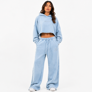 Survêtement à capuche ONE APEX pour femme, coupe courte, séchage rapide, délavé à l'acide, effet usé, bleu ciel, en molleton épais, jambe large - Product Image 1