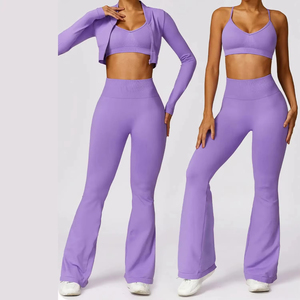 Women 3 Piece Activewear Set Purple Sports Bra <b>Flare</b> <b>Leggings</b> Long Sleeve Crop Jacket Yoga Workout Gym Fitness Clothing Set - Product Image 1