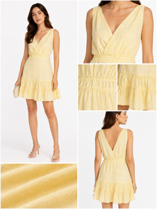 Wholesale Women Summer Cotton Bohemian Elegant V-Neck Sleeveless <b>Ruffled</b> Casual Daily Wear Yellow Mini High Waist <b>Dress</b> - Product Image 4