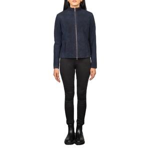 Women's Navy Blue <b>Suede</b> Moto <b>Jacket</b> Full Sleeve Stand Collar Zipper Closure Autumn Style Sample Service available - Product Image 3