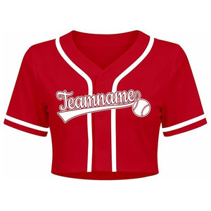 Women's <b>Red</b> Color Baseball Team Jersey <b>Crop</b> <b>Top</b> Personalized Name Number Softball Shirt Button Down V-Neck Short Sleeve - Product Image 2