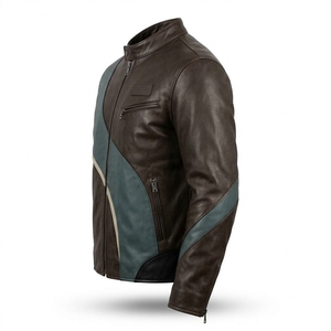 Chaqueta de Cuero Genuino Marrón Oscuro para Hombre, con Rayas Curvas Onduladas, Ribete Crema Azul Turquesa, Cuello Alto y Cierre de Cremallera, Estilo Motero - Product Image 3