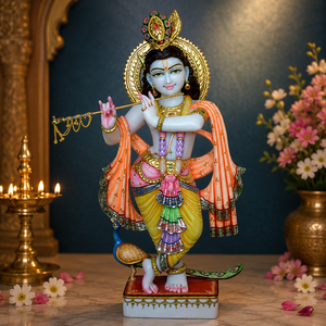 Marble Krishna Statue | Handcrafted White Marble Lord Krishna Murti | Flute Playing Krishna Idol | MALIYAS Jaipur India - Product Image 1