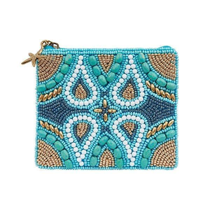 Porte-monnaie brodé de perles artisanales, motif Trésor de Sirène Azur, d'Inde, fait main, pour femme, avec étiquettes et cartes de bijoux - Product Image 1