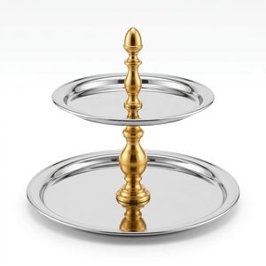 Soporte para Pastel de Dos Niveles Hecho a Mano en Acero Inoxidable SS304, 30 cm, Dorado Espejo, Balaustre Tallado, Balaustre Dorado Belvedere, Decoración para el Hogar, Herramienta para Hotel - Product Image 1