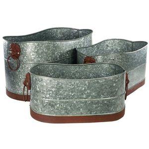 Galvanized Metal Corrugated Oval <b>Planter</b> Set with Gold Handles, Industrial Farmhouse Zinc Flower Pot for Garden Indoor Decor Pot - Product Image 4