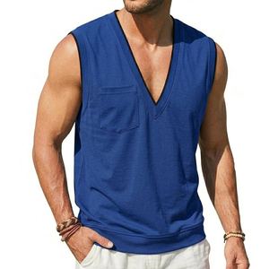 เสื้อกล้ามคอวีผู้ชายแบบปรับแต่งได้ มีกระเป๋า ขายส่ง คุณภาพสูง เสื้อผ้าลำลองแฟชั่นชายหาดฤดูร้อน - Product Image 1