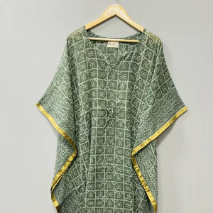 Caftán de Algodón Puro Ecológico con Estampado Bagru, Estampado a Mano, Estilo Indio, para Verano, Playa, o como Pareo, Cómodo, Largo hasta el Suelo - Product Image 1