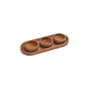 Ensemble de service pour condiments en bois éco-responsable fait main avec 3 bols et plateau rectangulaire, plateau à trempettes en bois d'acacia de qualité supérieure à vendre - Product Image 3