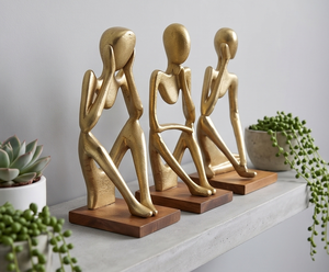 Ensemble de 3 sculptures abstraites de style Penseur, finition dorée, base en bois, décoration pour la maison, décoration nordique pour le salon, cadeau spécial - Product Image 2