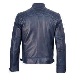 <b>Men's</b> Blue Genuine <b>Leather</b> Moto <b>Jacket</b> Stand Collar Zipper Closure Slim Fit Autumn Wear Motorbike Style Biker <b>Jackets</b> - Product Image 2