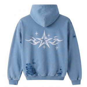 Sweat à capuche oversize déchiré pour hommes et femmes, imprimé étoiles bleues, effet délavé, style streetwear - Product Image 2
