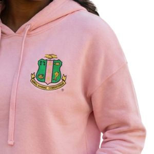 Sudadera con Capucha Corta de Felpa Rosa Claro para Mujer, con Estampado del Escudo Verde, Ropa de la Hermandad Griega Bella Canvas, OEM ODM - Product Image 3
