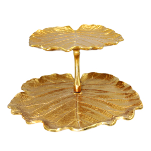 Plateau de service en aluminium moulé, finition or brillant et feuille d'argent, plateau à fruits à 2 niveaux, vaisselle décorative multifonctionnelle - Product Image 1