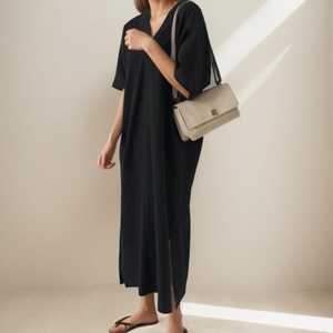 Vestido Kaftán de Lino para Mujer, Corte Holgado, Cuello en V, Midi con Abertura Lateral, Estilo Casual Minimalista de Verano - Product Image 2