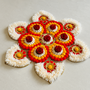 Tapis Rangoli Floral Fait Main Rouge Jaune Blanc Rose Pompon Or Décoration pour Diwali Mariage Puja Décoration de Sol - Product Image 1