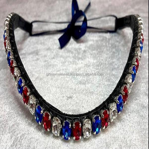 Bande de sourcil de cheval en cuir noir de buffle de qualité supérieure avec 1 rangée de pierres rondes de grands cristaux bling-bling et boucles personnalisées - Product Image 6