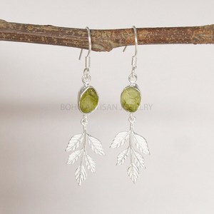 Handmade Raw <b>Peridot</b> Leaf Dangle <b>Earrings</b> 925 Sterling Silver Gemstone Jewelry - Product Image 2