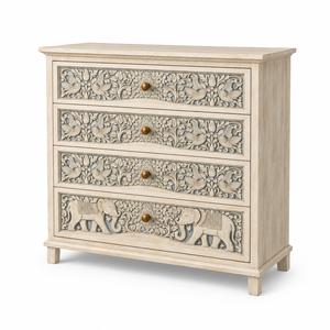 Meilleure Qualité Écologique Durable Gain de Place Commode à Tiroirs en Bois de Mangue Massif Sculpté à la Main Blanc Antique avec Motif Floral Éléphant - Product Image 2