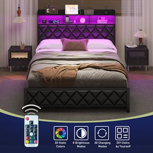 Lit plateforme rembourré Queen Size avec station de charge LED, tête de lit avec 4 tiroirs de rangement, cadre de lit robuste avec éclairage LED - Product Image 3