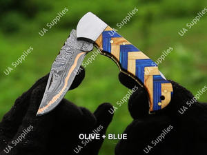 Navaja Plegable de Acero Damasco y Cobre, Grado Industrial, Profesional, para Campismo, Caza, Senderismo, EDC, Multiusos, Mango de Olivo y Pakka - Product Image 2