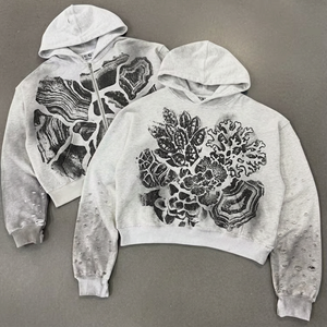 Unisex Cropped Hooded Zipper Sweatshirt Printed Tree Pattern Oversized Fit Casual Style Autumn Wear 100 Cotton Knitted Fabric - Product Image 6