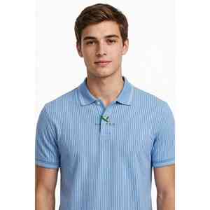 Camisa Polo Unisex NEXTEX a Rayas, Azul Claro y Blanco, Manga Corta, Cuello con Botones, Clásica - Product Image 1