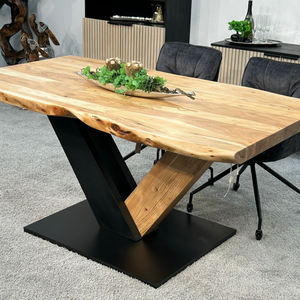 Industrial Iron & Wooden Solid Mango Wood Live Edge Thick Top Metal & Wooden Combination Pedestal Base <b>Kitchen</b> Home Dining Table - Product Image 2
