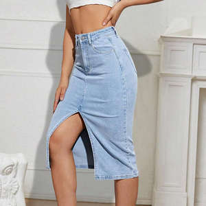 กระโปรงยีนส์ผู้หญิง MOQ ต่ำ คุณภาพสูง กระโปรงยีนส์ทรงกลางสำหรับผู้หญิง แฟชั่นทันสมัย มีกระเป๋า - Product Image 1