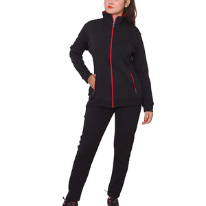 Survêtement noir 2 pièces pour femme, sweat-shirt à fermeture éclair intégrale avec bordure rouge, poches latérales, coupe classique, style sportif automne - Product Image 1